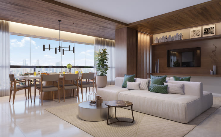 Um lugar onde tudo acontece Vista panorâmica de sala com cozinha ao lado